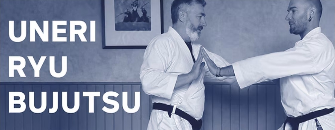 Uneri Ryu Bujutsu : deux pratiquants en kimono travaillent paume contre paume